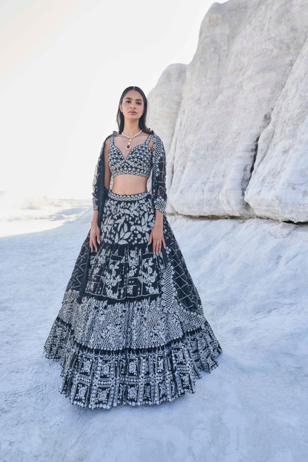 Black Multi-Tiered Lehenga Set on Sale