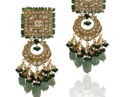 WHITE JADTAR STONE EARRINGS WITH GREEN MOTI WORK AND SEA GREEN BEADS Online now