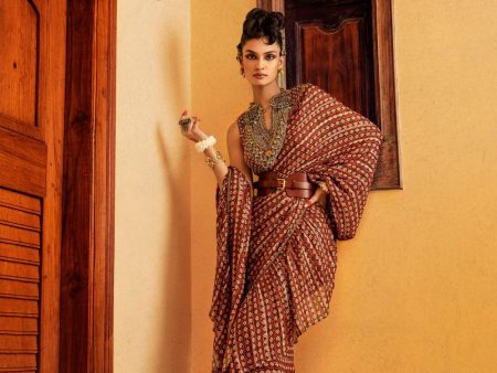 Brown Printed  & Embroidered Saree Set Cheap